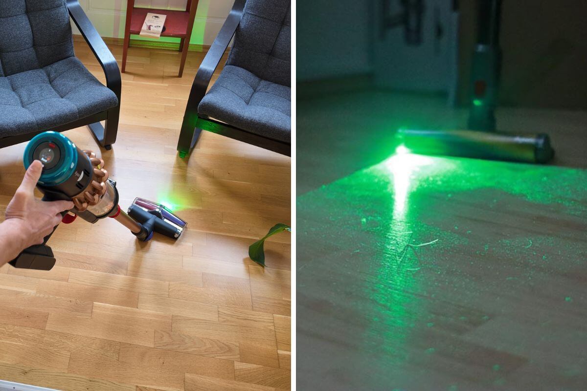 Dyson V15s und V16 Piston Animal Submarine im Vergleich der Laser, V15s ist der Laser auf der Detect Fluffy Bürste und V16 auf der Kombidüse.